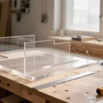 A well-organized workshop setup with clear acrylic sheets and cutting tools ready for fabrication