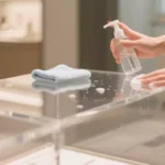 Proper acrylic cleaning technique using microfiber cloth and mild soap solution on a display case