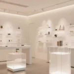 Modern retail store featuring custom acrylic display cases, shelving, and illuminated pedestals