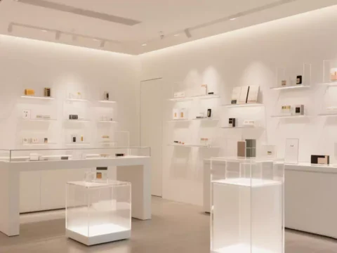 Modern retail store featuring custom acrylic display cases, shelving, and illuminated pedestals