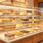 Clear acrylic bakery display case with fresh pastries