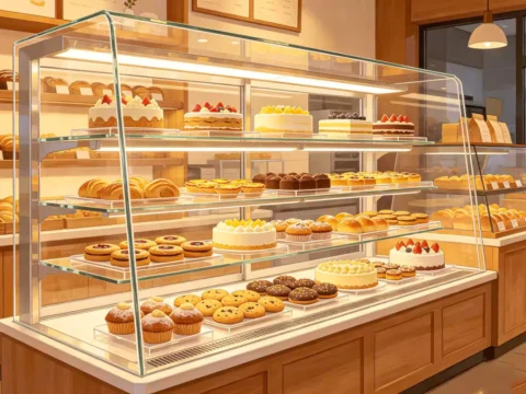 Clear acrylic bakery display case with fresh pastries