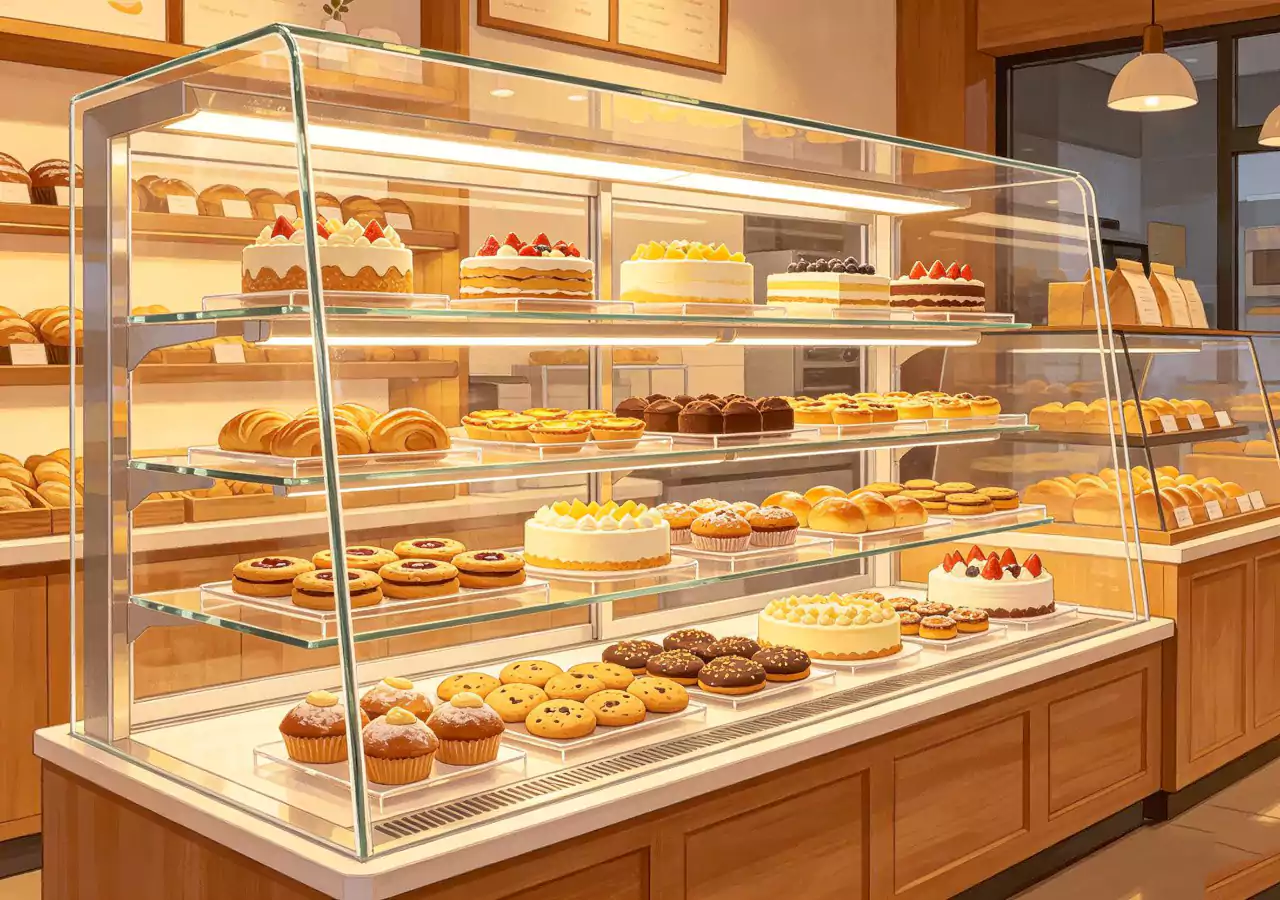Clear acrylic bakery display case with fresh pastries
