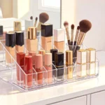 Clear acrylic makeup organizer with cosmetics neatly arranged