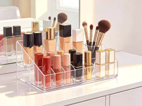 Clear acrylic makeup organizer with cosmetics neatly arranged