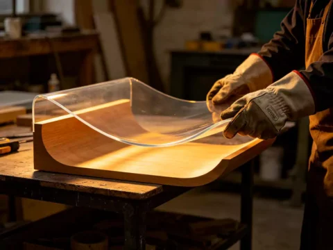 Hands bending heated acrylic sheet over curved wooden form with heat-resistant gloves