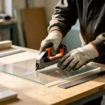 Scoring tool cutting thin clear acrylic sheet on workbench with safety gloves