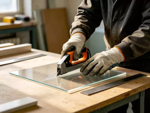 Scoring tool cutting thin clear acrylic sheet on workbench with safety gloves