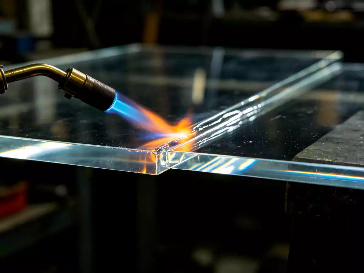 Propane torch flame passing along edge of clear acrylic for flame polishing