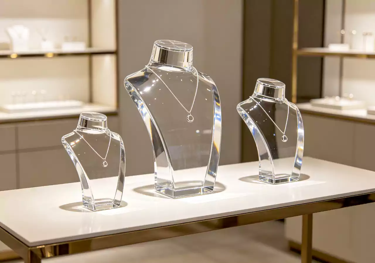 Acrylic necklace bust display with elegant jewelry