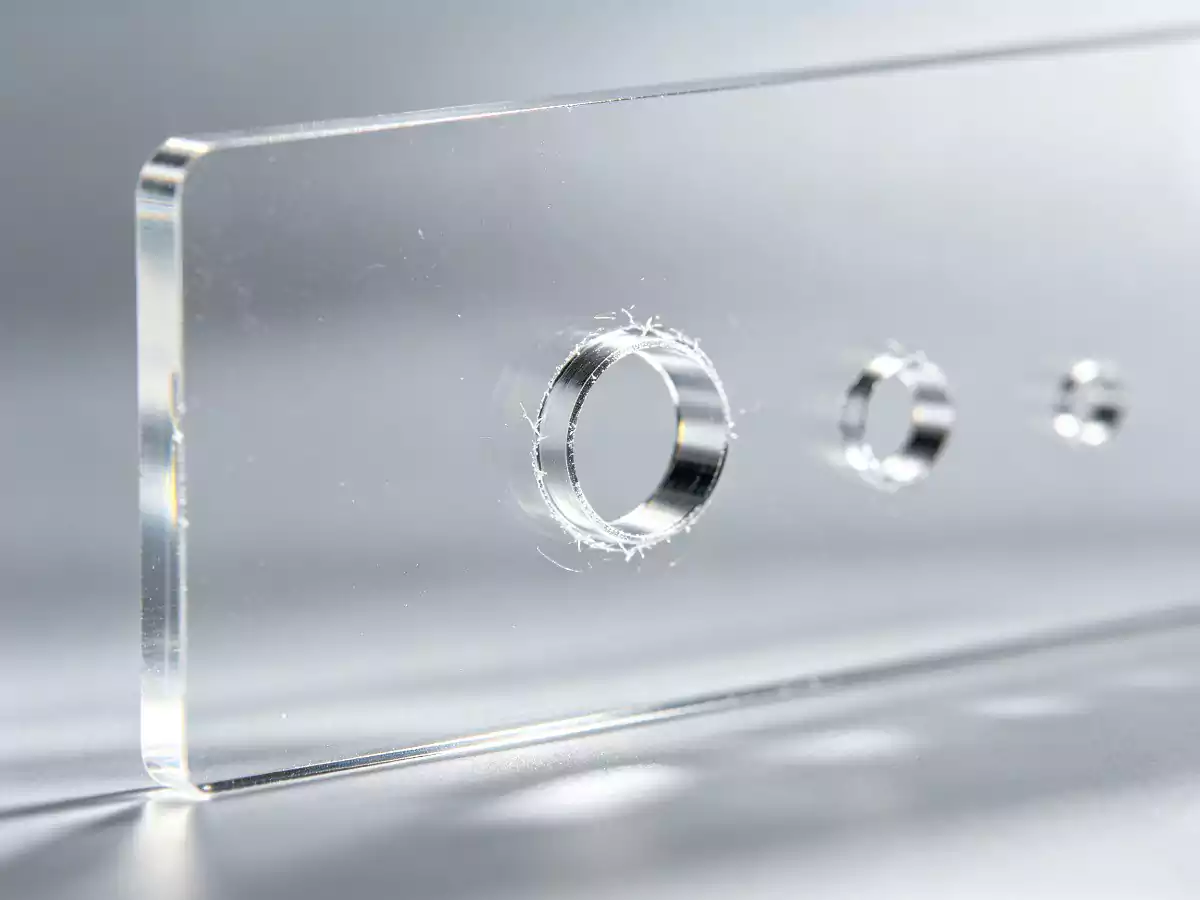 Perfectly drilled holes in clear acrylic sheet with no cracks or chips around edges