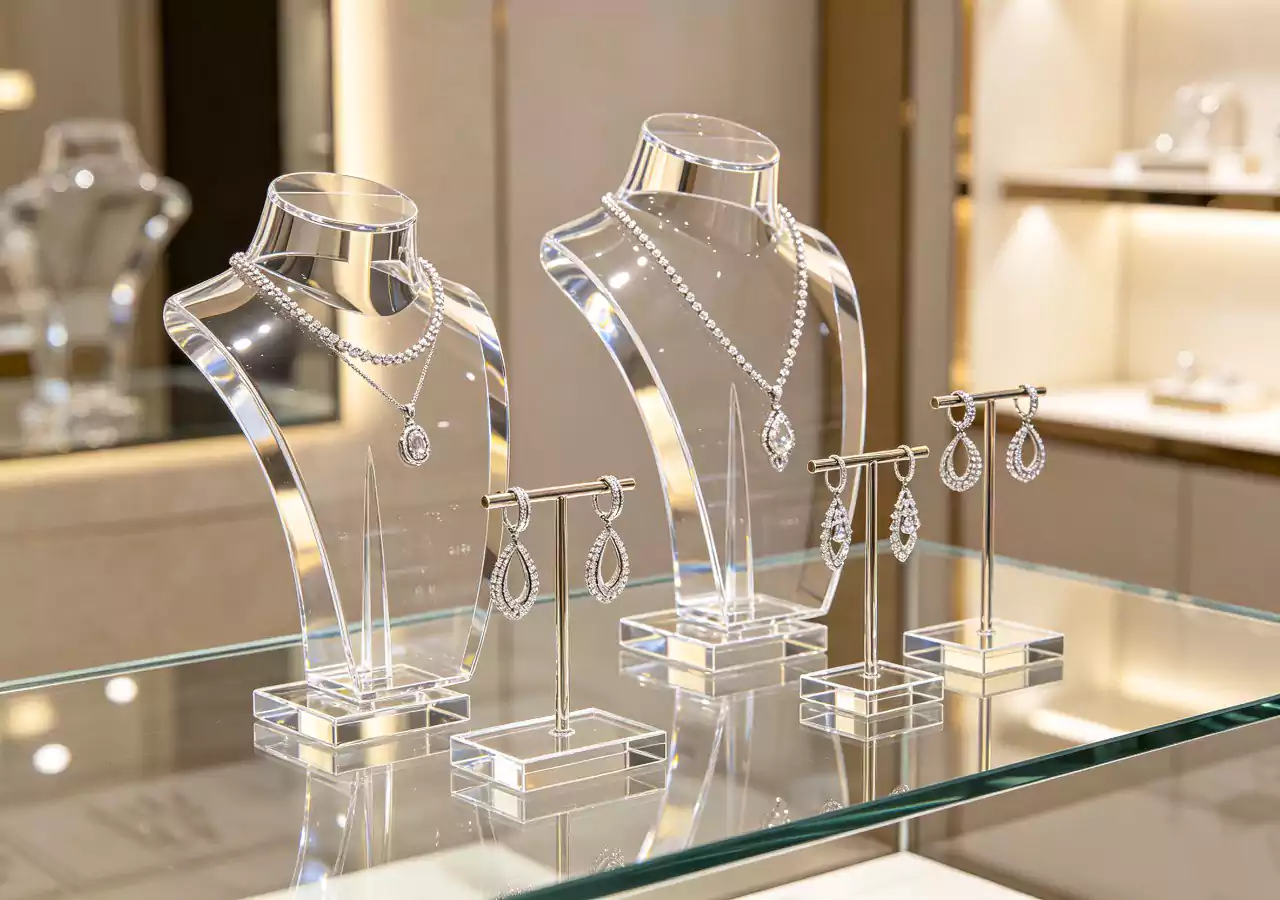 Elegant acrylic jewelry display stand with earrings and necklaces
