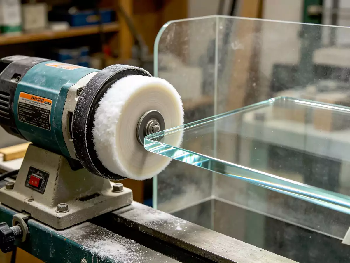 Bench-mounted buffing wheel polishing edge of acrylic piece with white compound