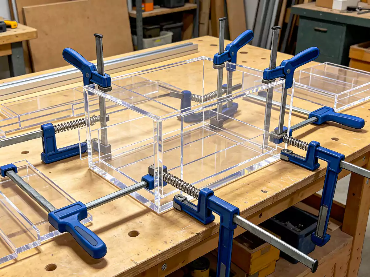 Multiple acrylic assembly pieces clamped together with spring clamps on workbench