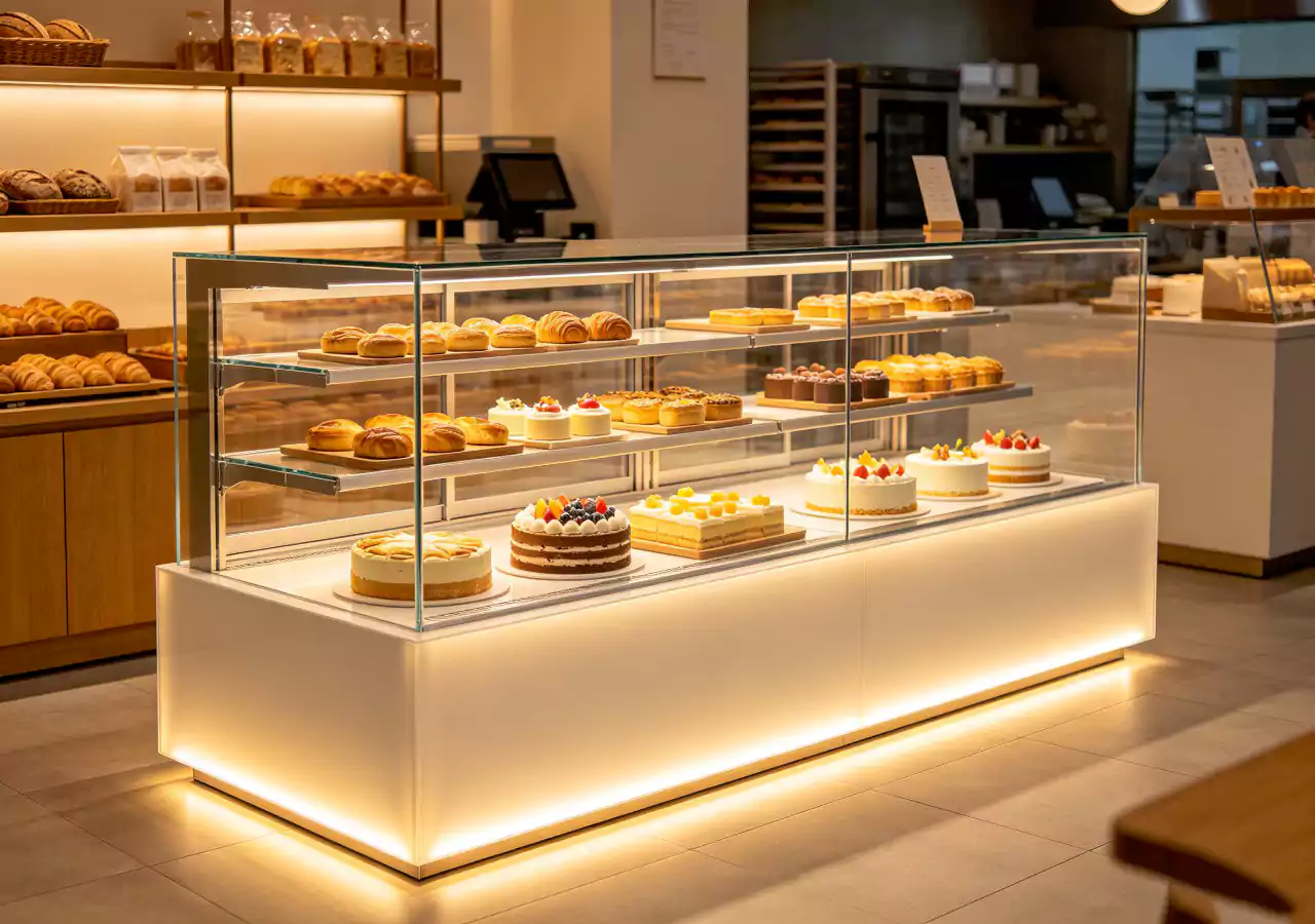 Acrylic bakery display case with pastries and cakes in a cafe