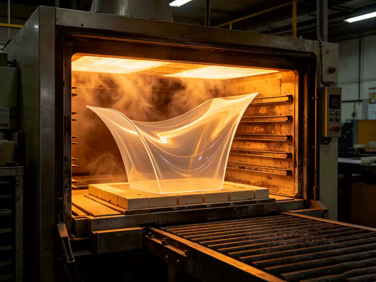 Acrylic sheet being formed over mold inside large oven with heat waves