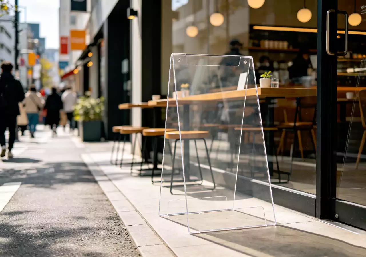 Freestanding acrylic sign holder on a countertop