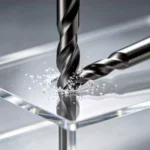 Countersink tool removing burrs from drilled hole in clear acrylic