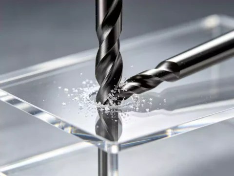 Countersink tool removing burrs from drilled hole in clear acrylic