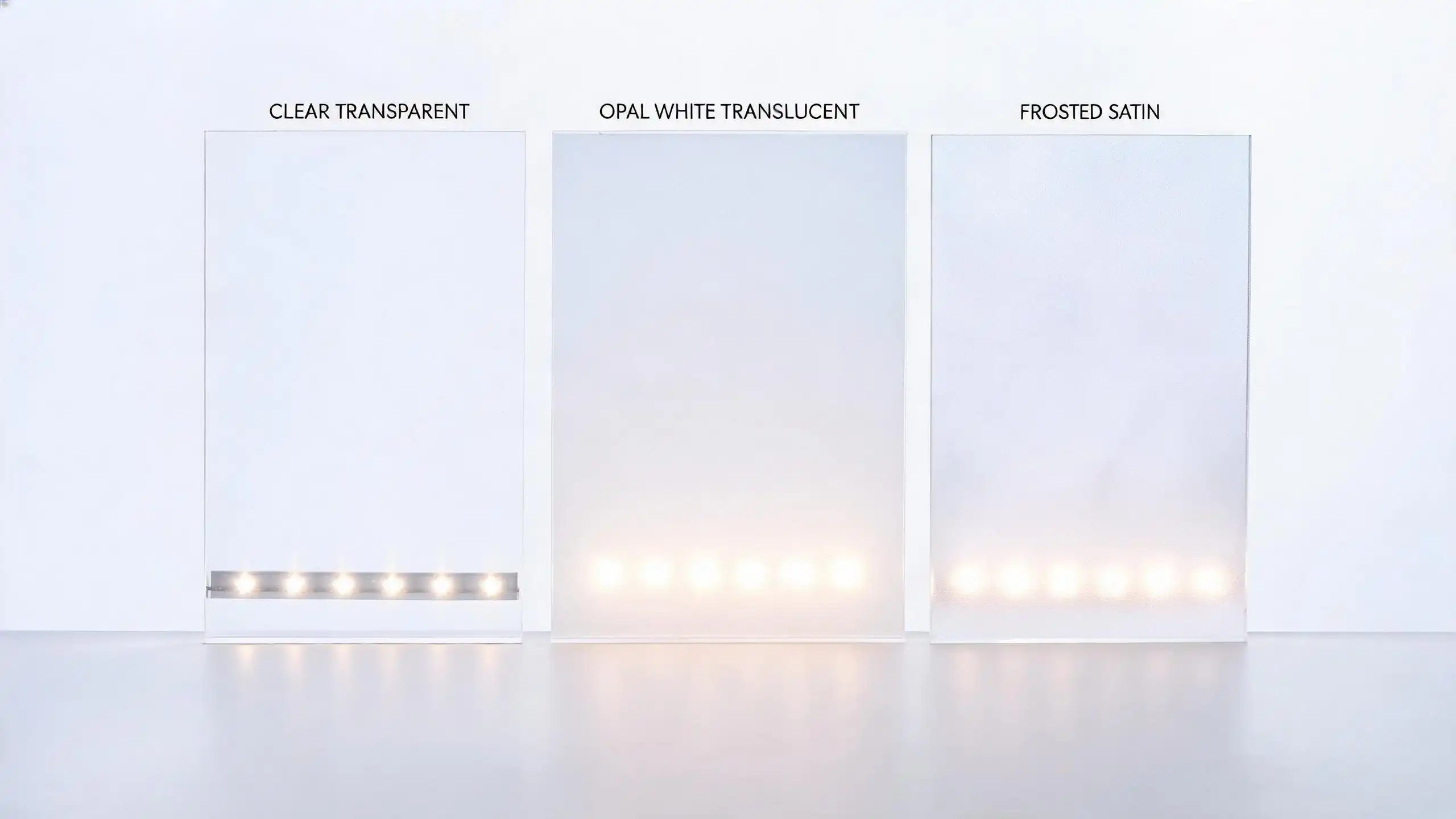 Clear, opal, and frosted acrylic sheet types comparison with LED edge lighting