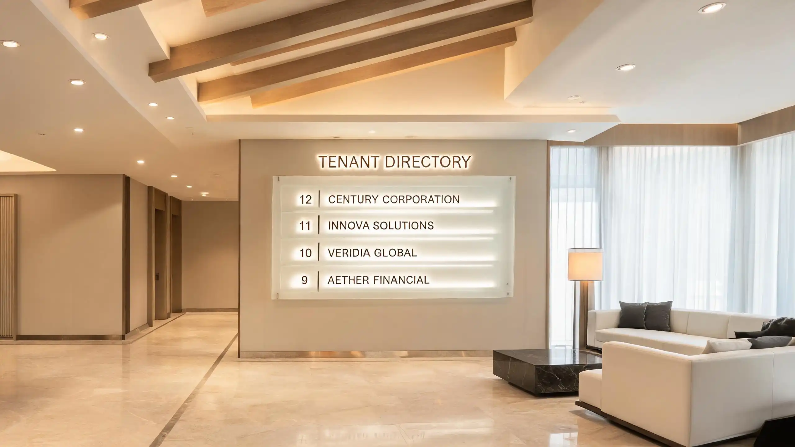 Edge-lit acrylic tenant directory sign in corporate building lobby