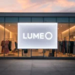 Illuminated acrylic light box sign on retail storefront at dusk
