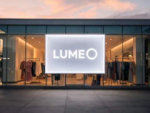 Illuminated acrylic light box sign on retail storefront at dusk