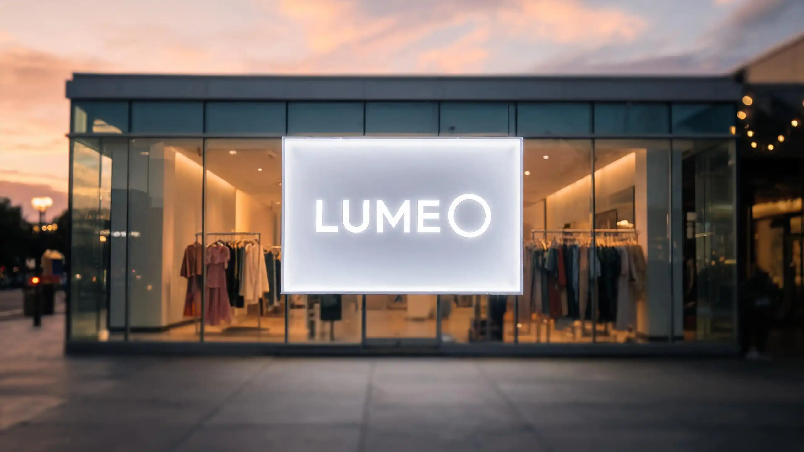 Illuminated acrylic light box sign on retail storefront at dusk