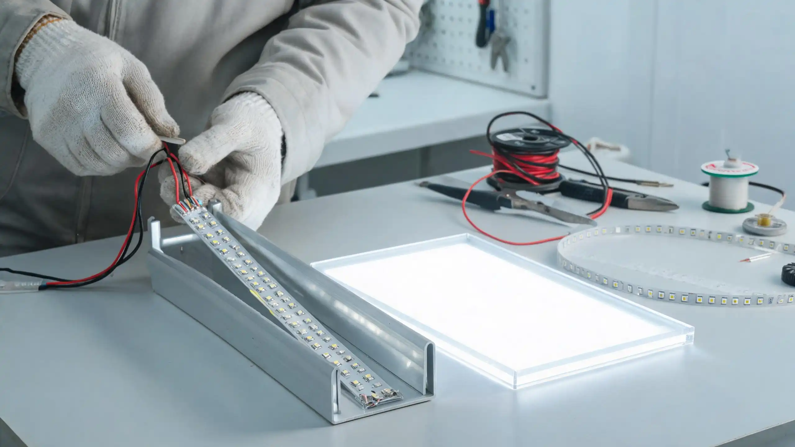 Technician wiring LED strips into acrylic light box aluminum channel frame