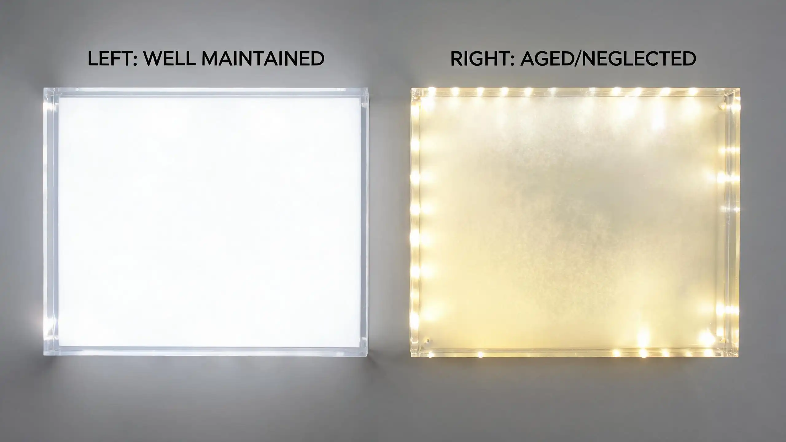 Comparison of well-maintained vs aged acrylic light box showing yellowing and hotspots