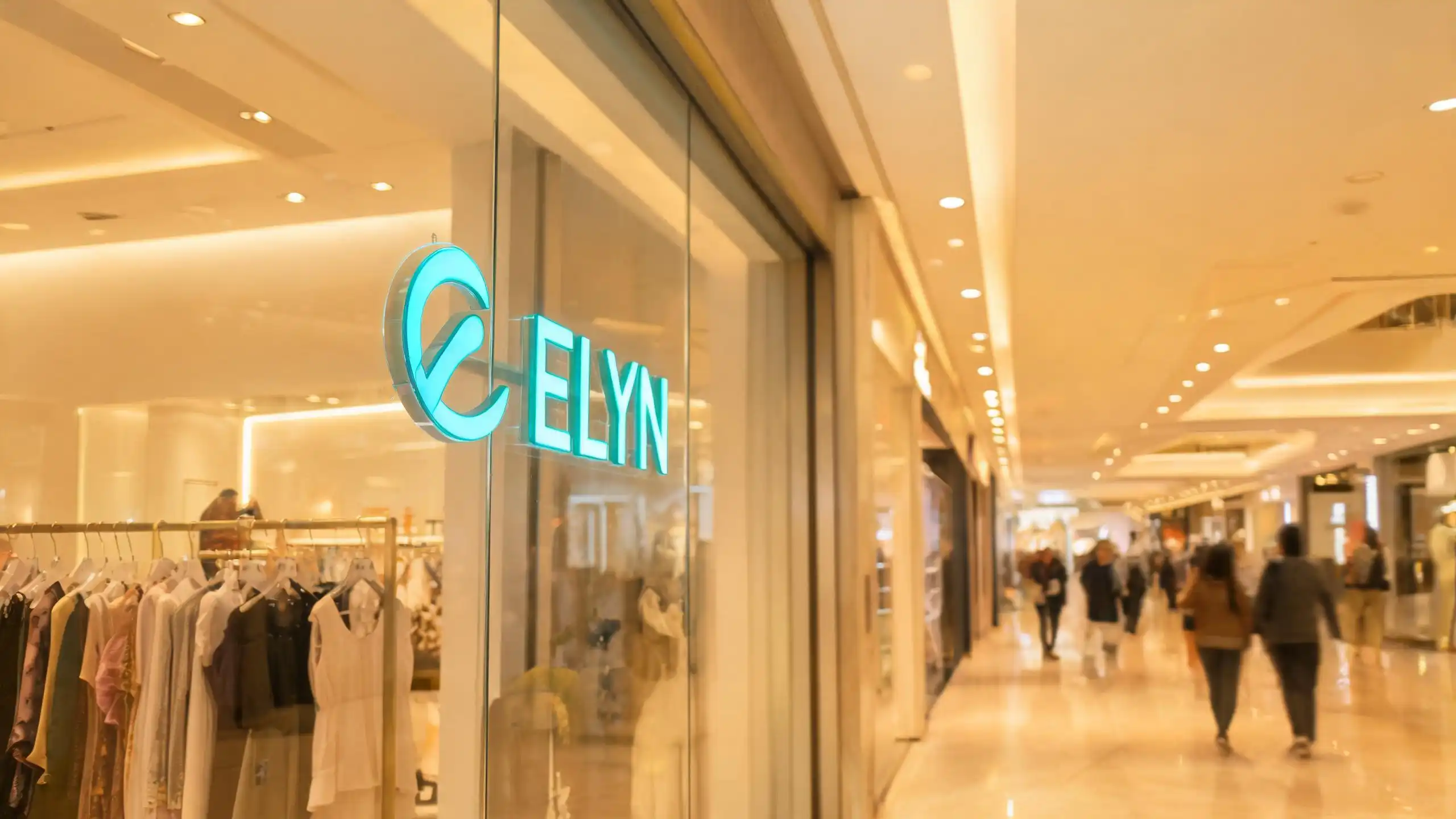 Slim edge-lit acrylic sign on boutique store glass window in shopping mall