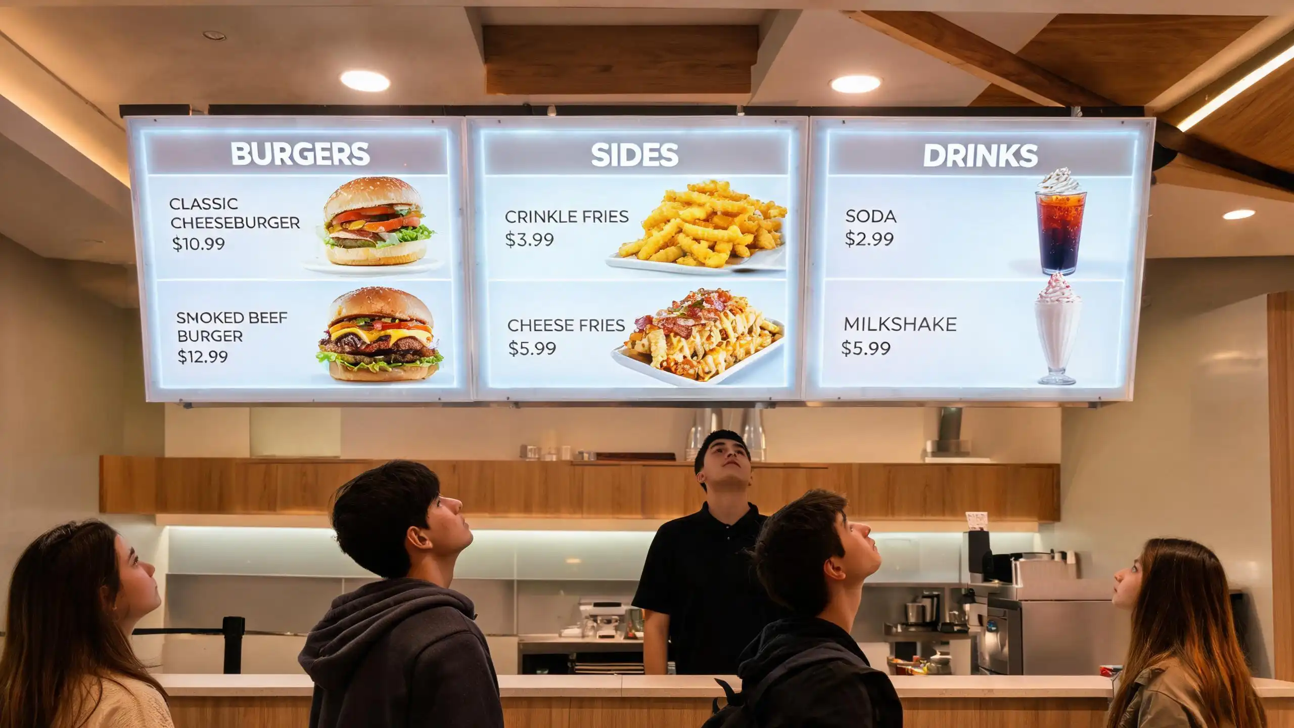 Backlit acrylic menu boards above counter in fast-casual restaurant