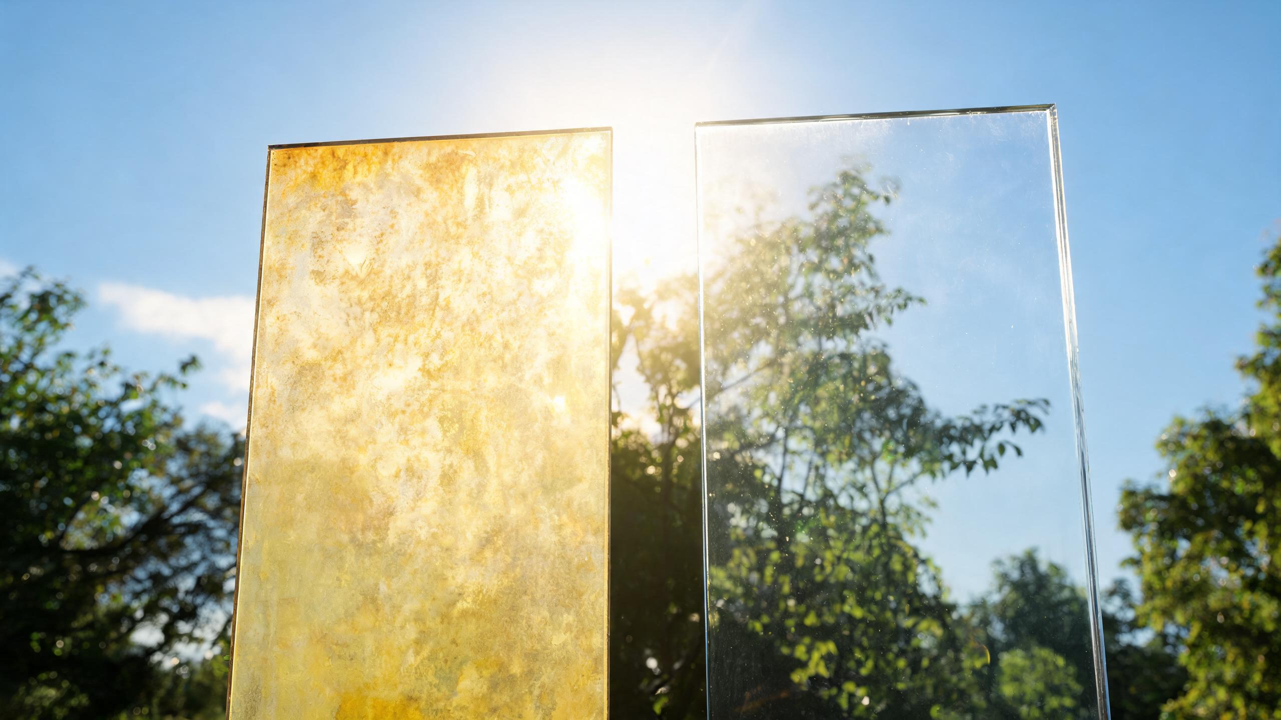 Old yellowed acrylic vs new clear acrylic comparison in sunlight