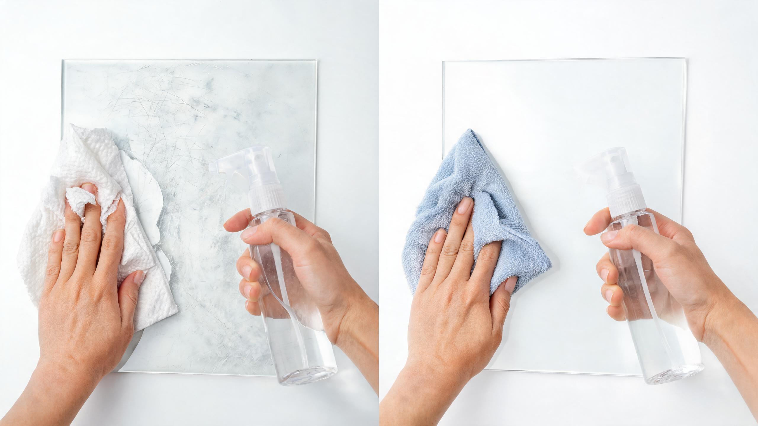 Wrong vs right way to clean acrylic surface comparison