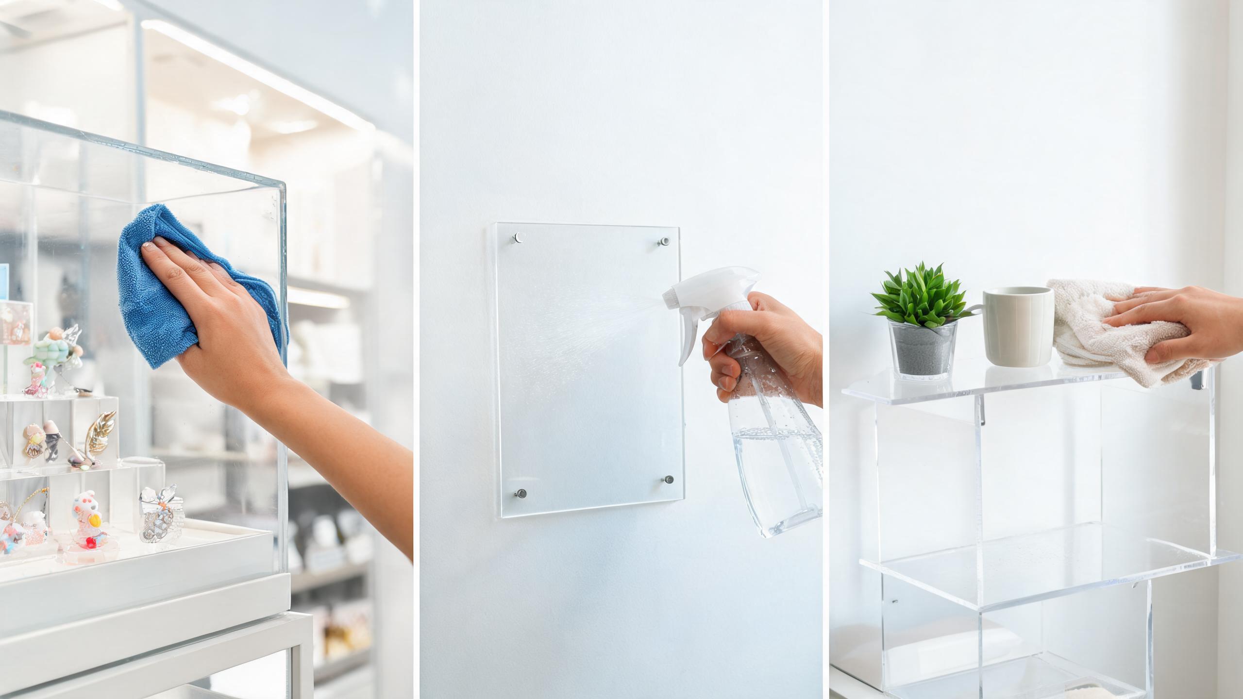 Different acrylic cleaning scenarios - display case, sign, shelf