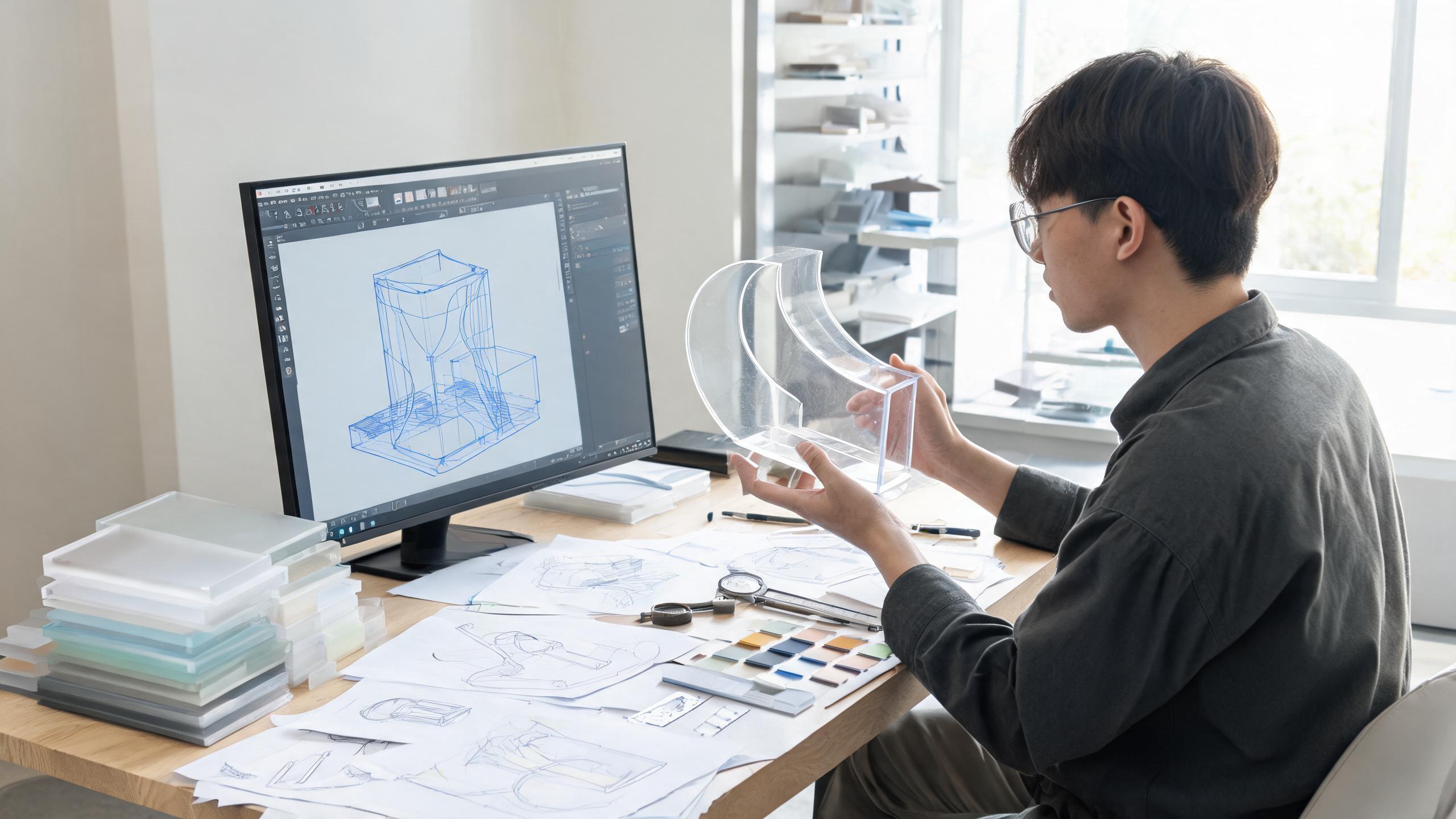 Designer working on custom acrylic display design with CAD software