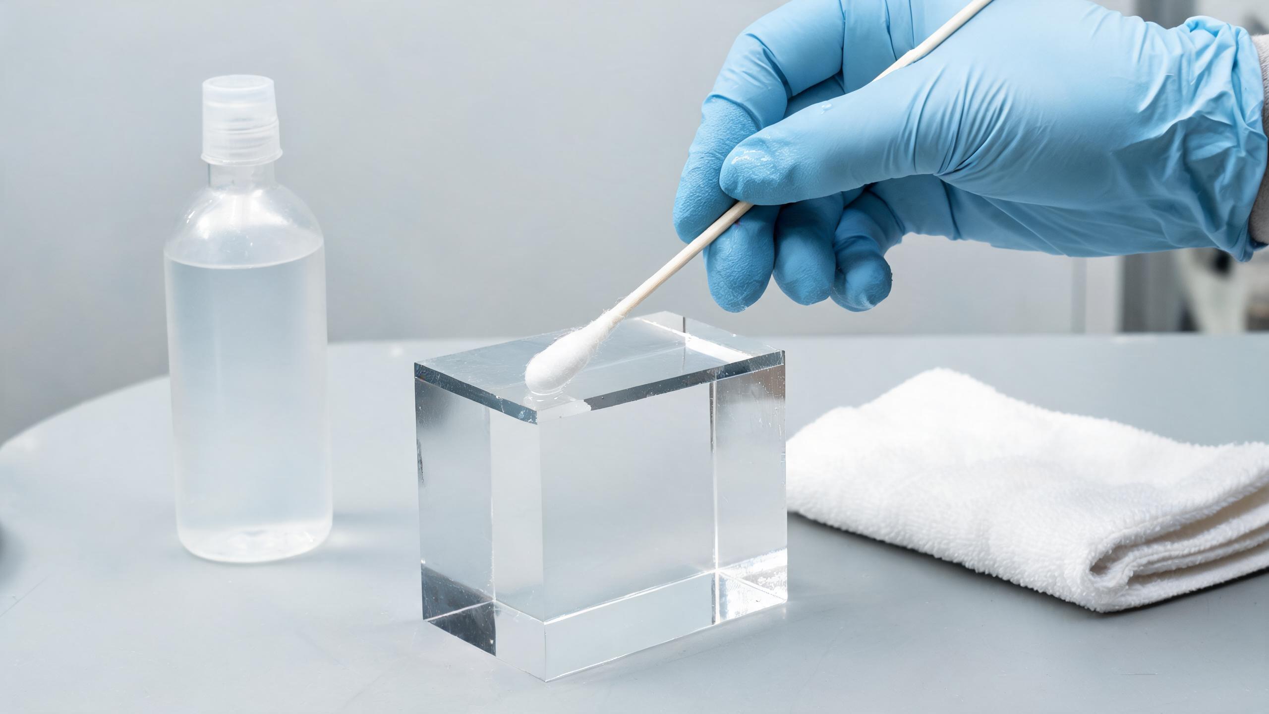 Chemical polishing of acrylic edge with cotton swab and solvent
