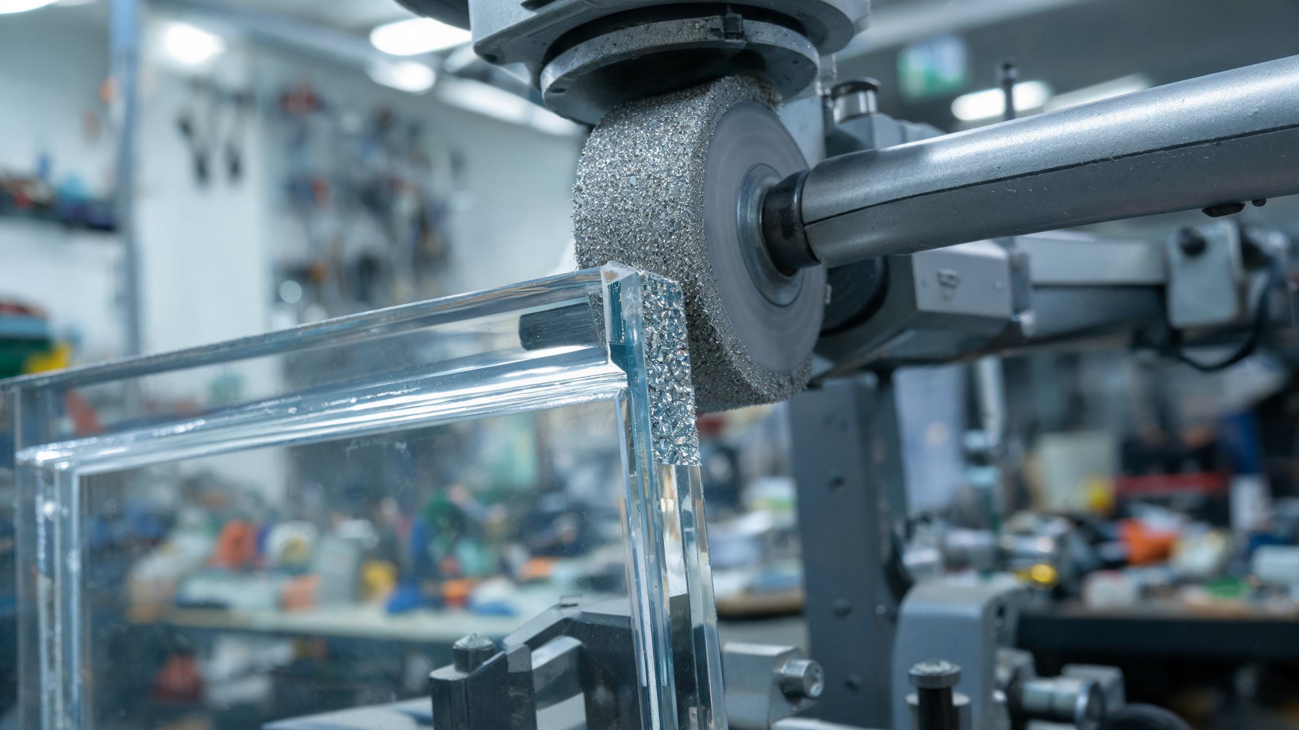 Diamond polishing machine working on clear acrylic edge