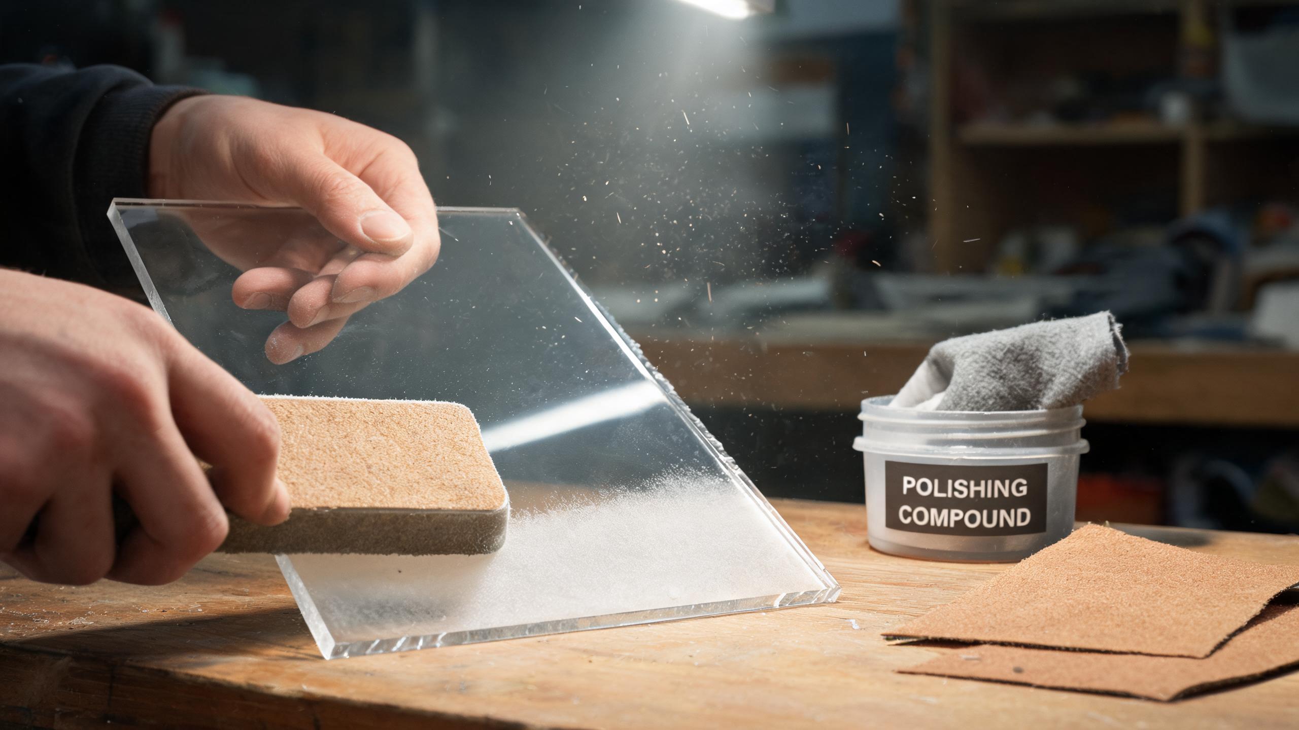 Hand sanding acrylic edge with sandpaper and polishing compound