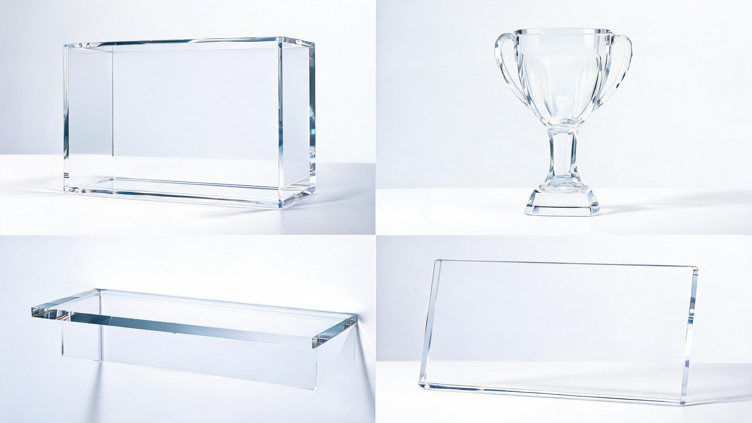 Various acrylic products with polished edges - display case, trophy, shelf, sign