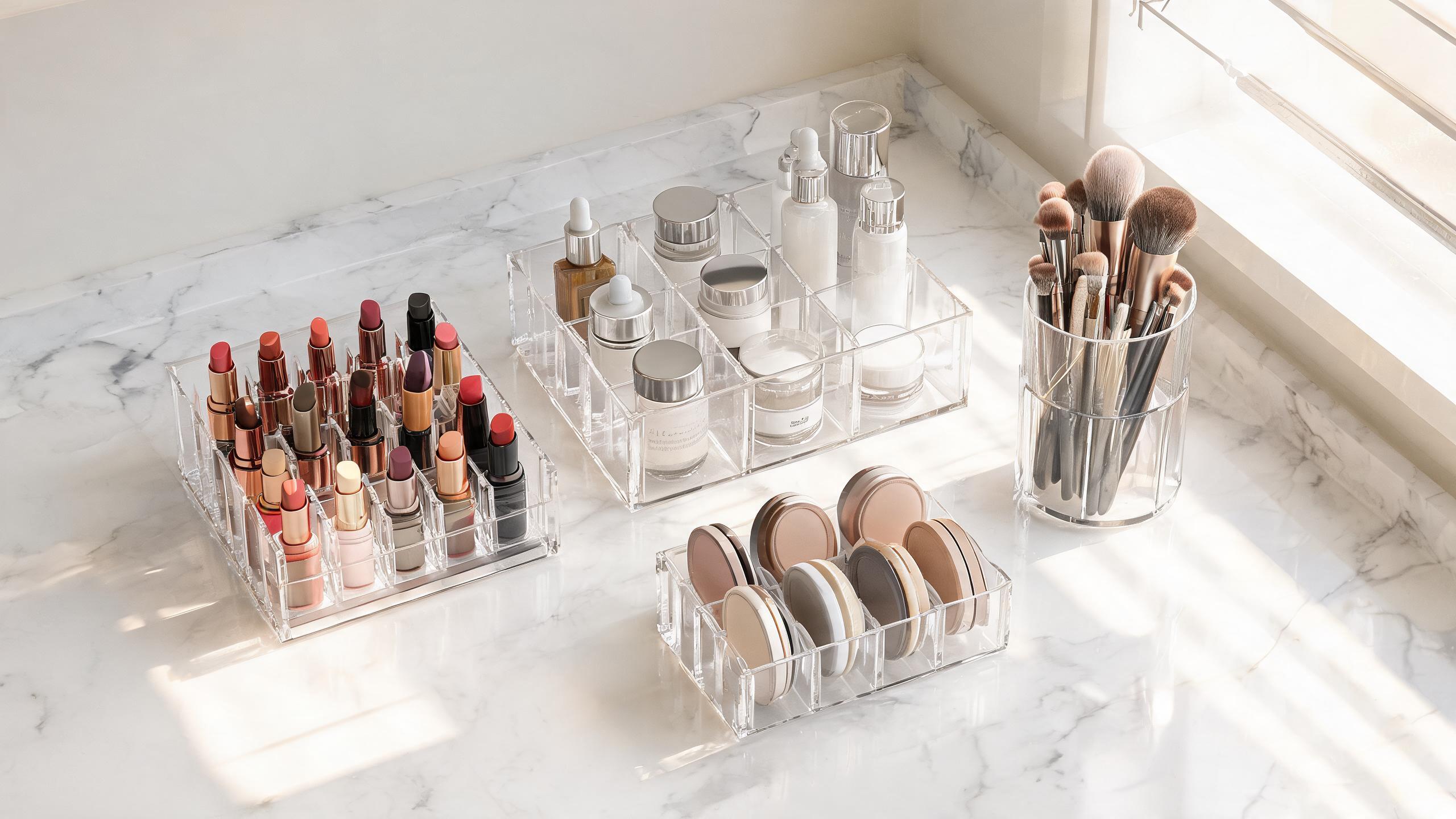 Various acrylic cosmetic organizers for lipstick skincare and brushes