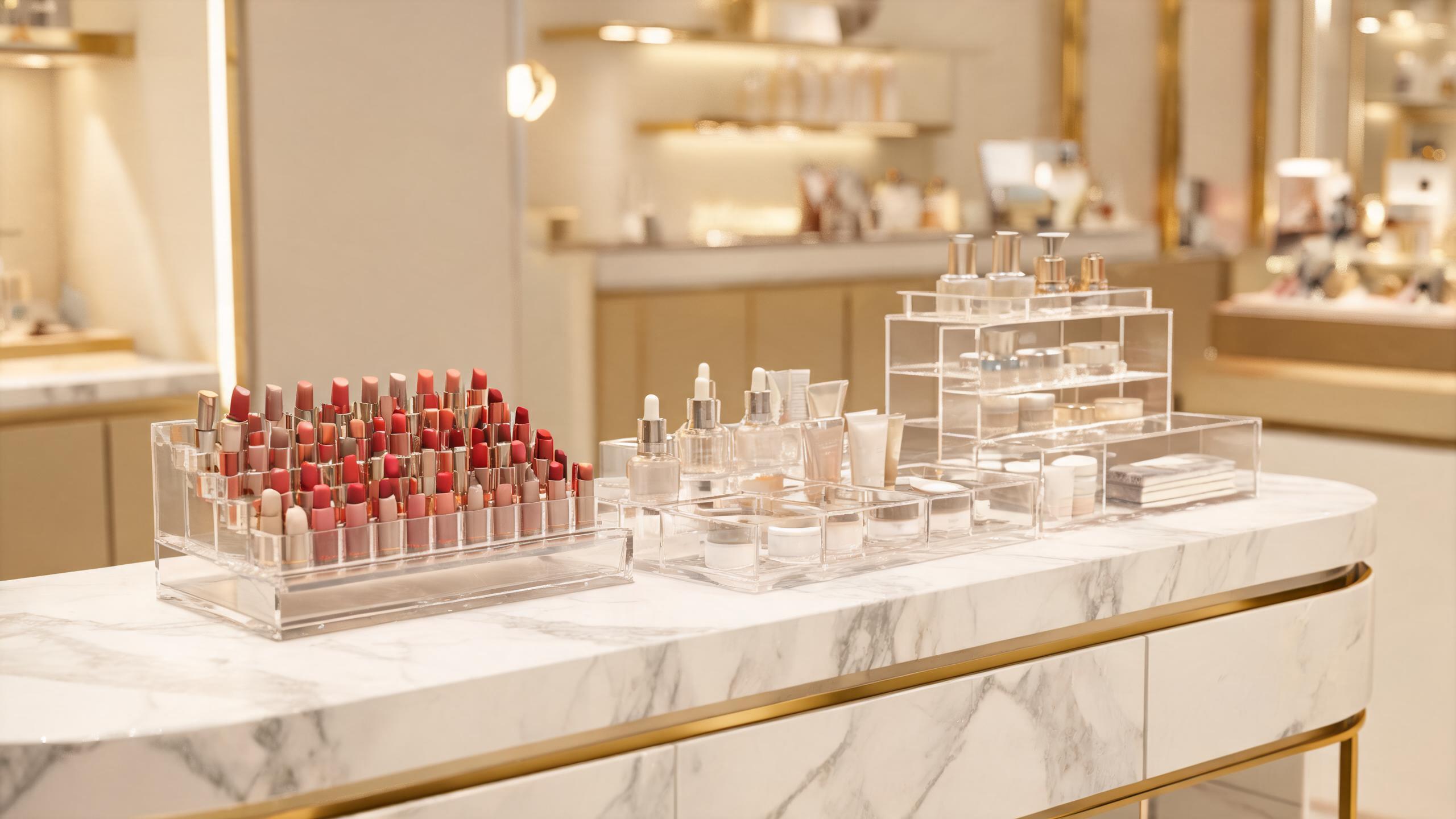 Luxury cosmetic store with acrylic makeup organizers on marble counter