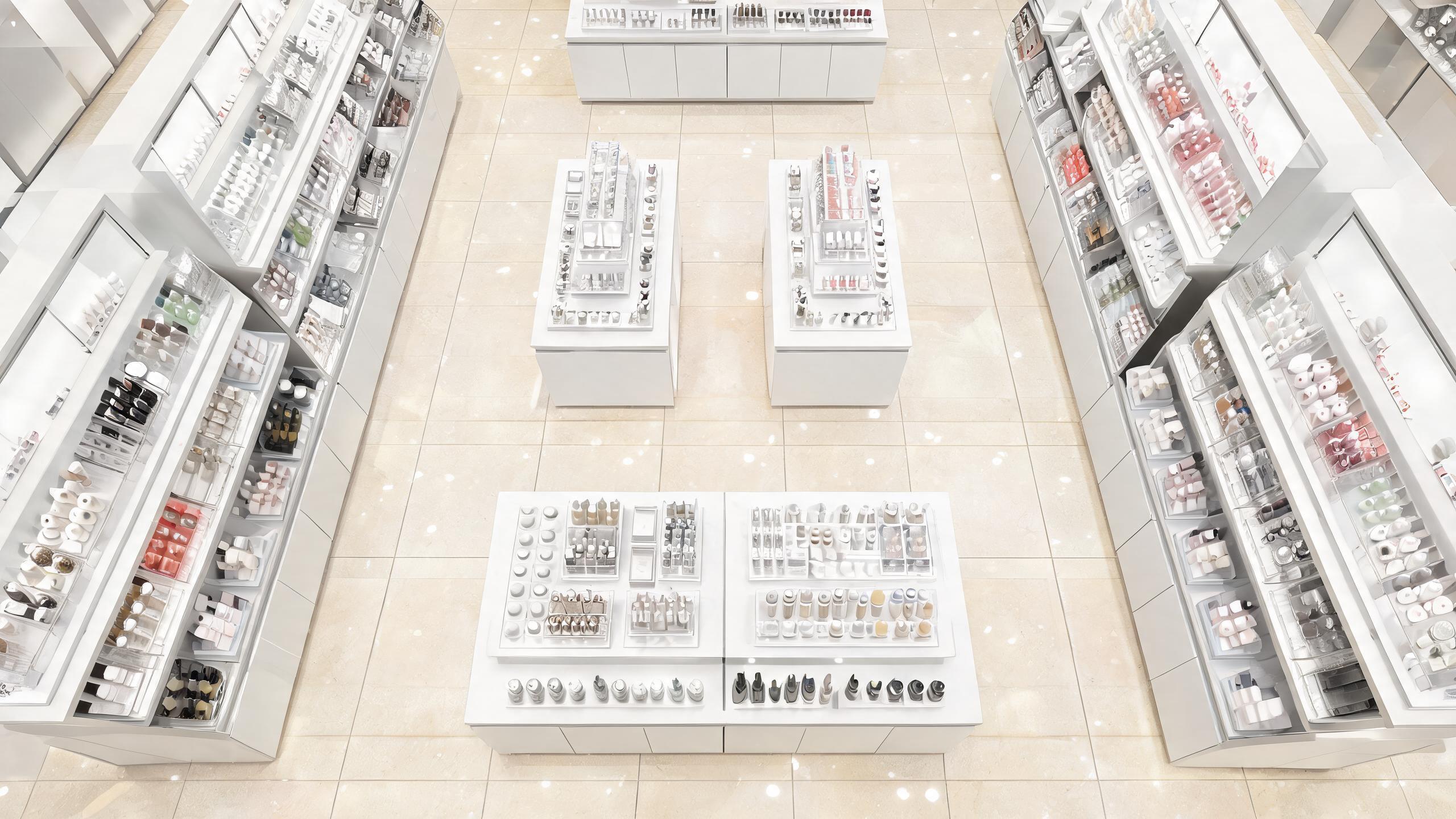 Aerial view of cosmetic store layout with acrylic display organizers