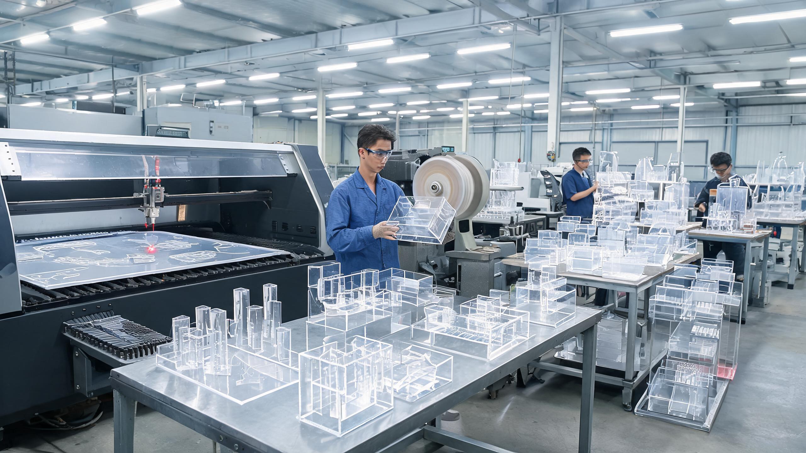 Acrylic display factory with workers producing cosmetic organizers