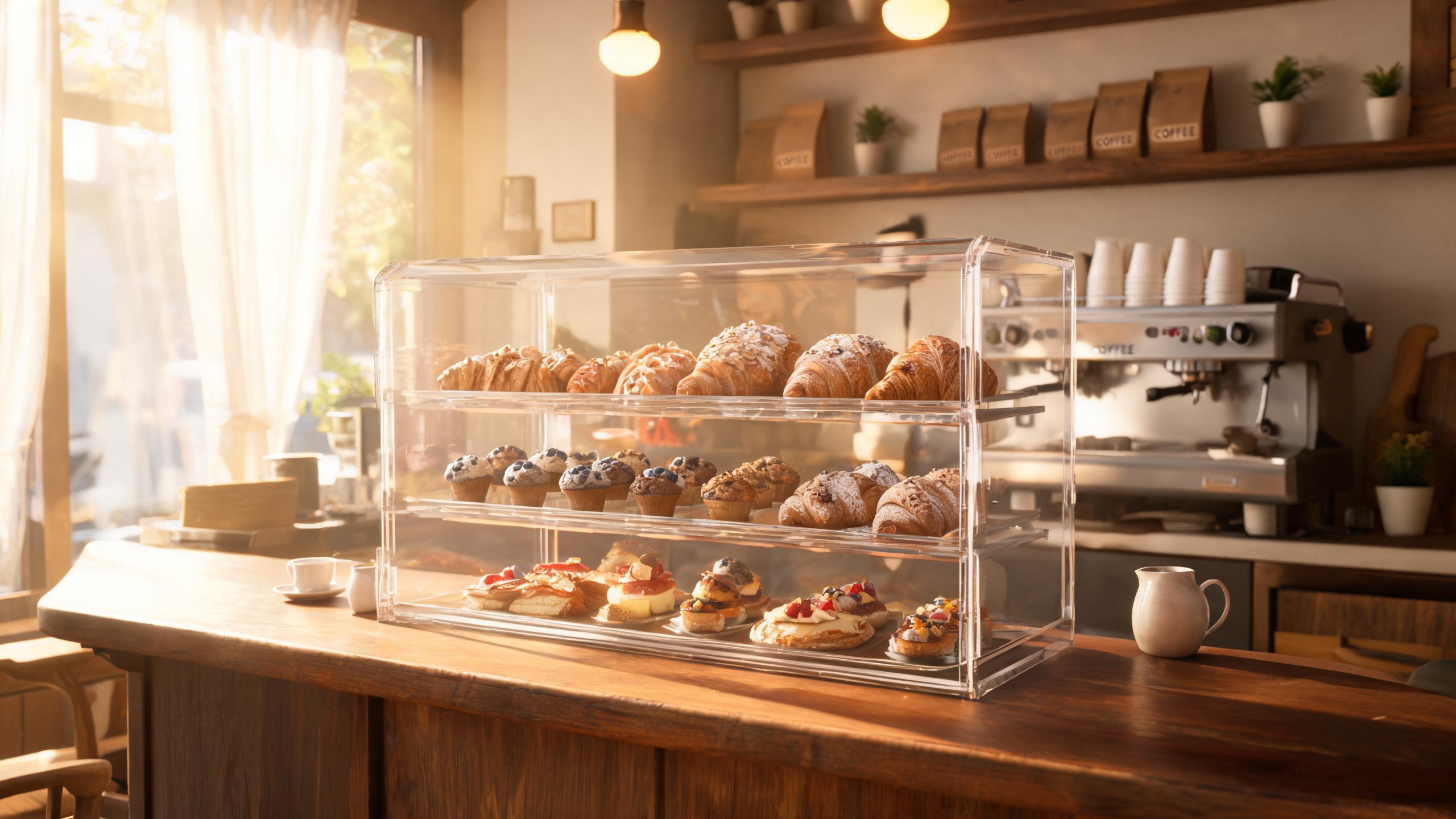 Clear acrylic pastry display case in cozy coffee shop