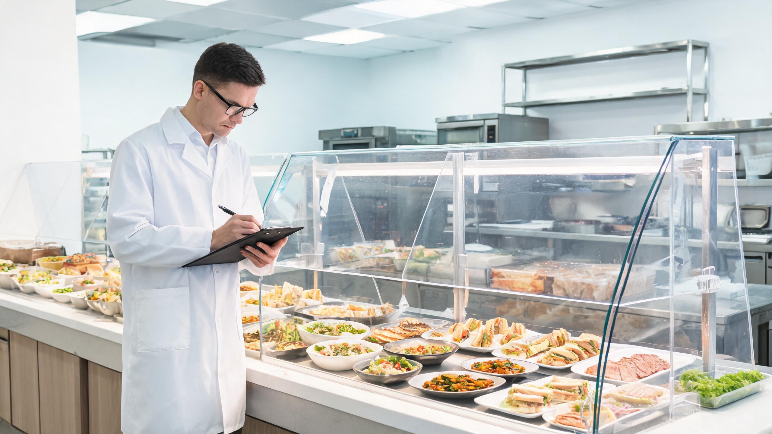 Health inspector checking food display safety standards