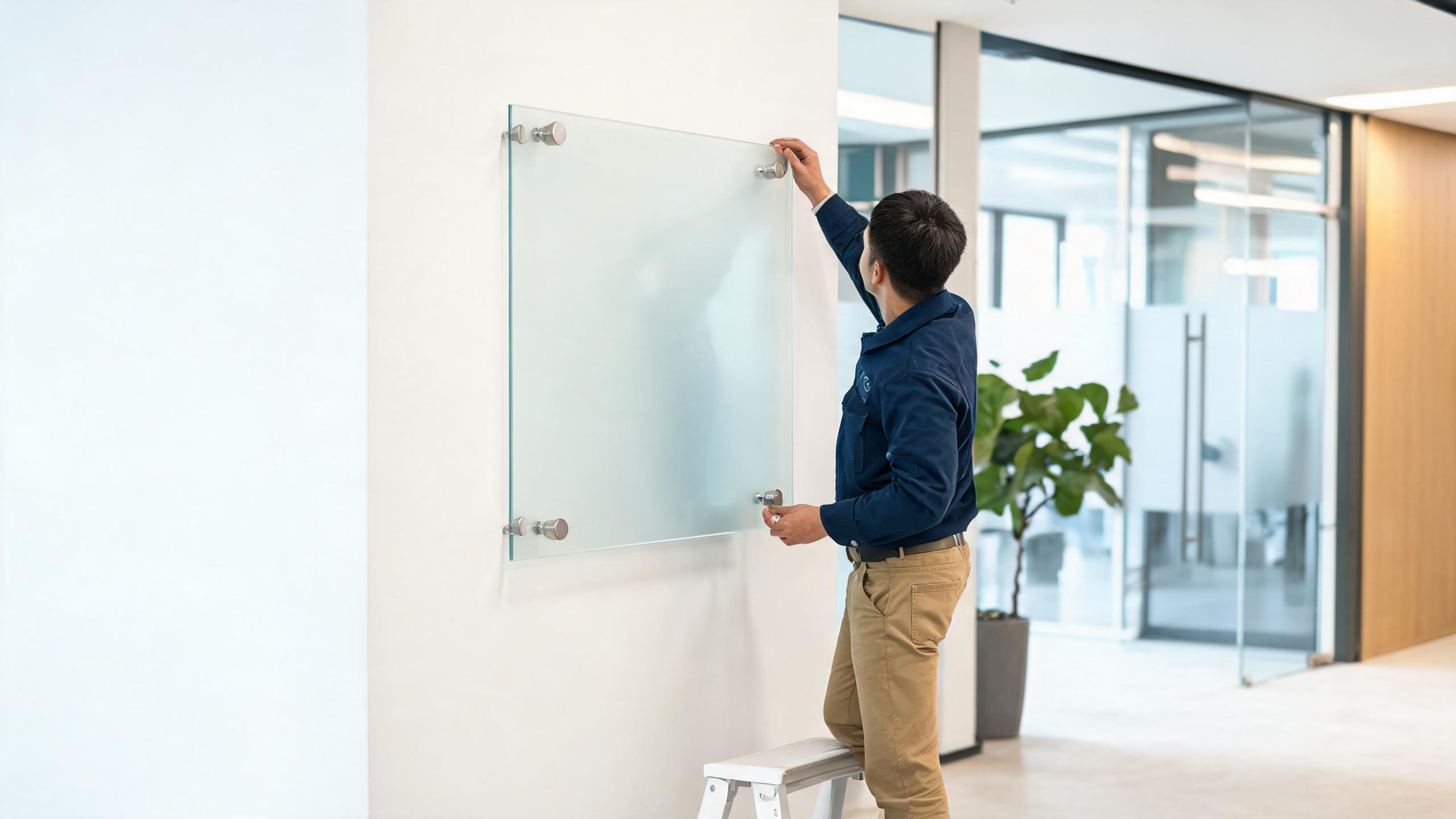 Professional installation of acrylic wall sign with standoff mounts