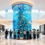 Large cylindrical acrylic aquarium in modern building lobby