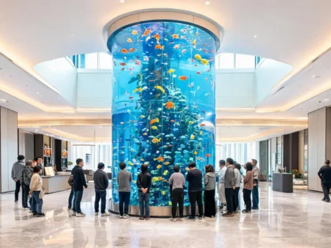 Large cylindrical acrylic aquarium in modern building lobby