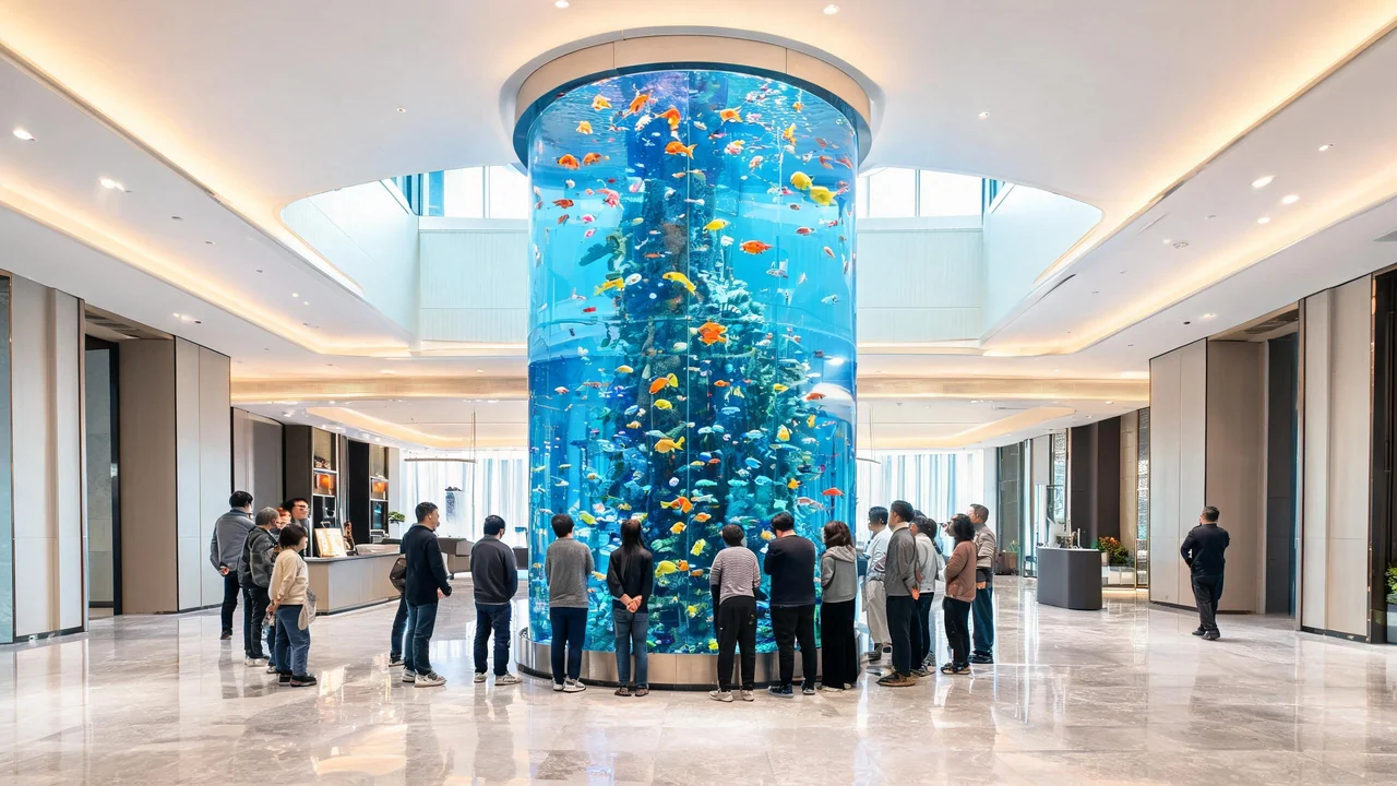Large cylindrical acrylic aquarium in modern building lobby